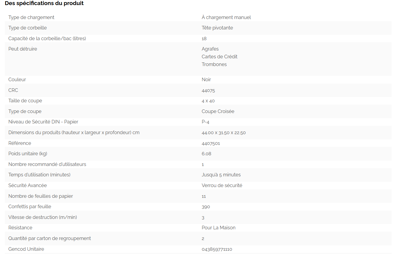 Caractéristiques détaillées
